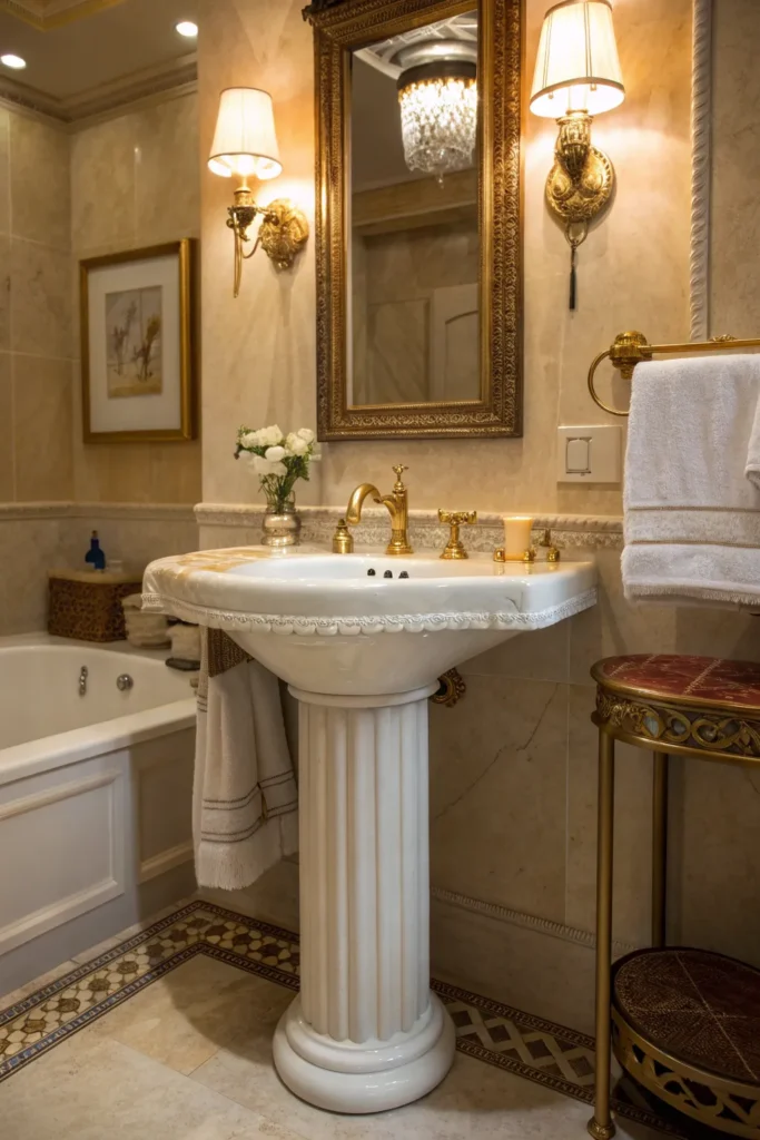 20 a pedestal sink with brass fixtures styled w