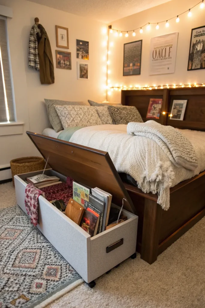 20 a small dorm room with a storage bench at the