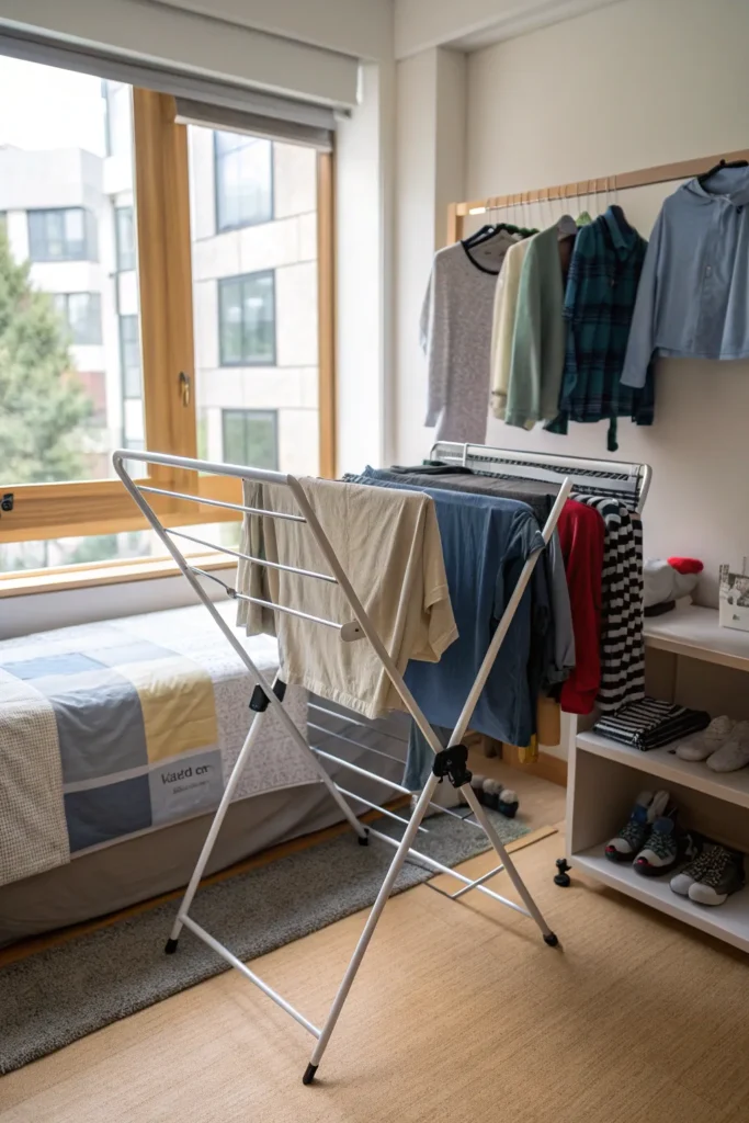 20 foldable drying rack in a dorm room with clot