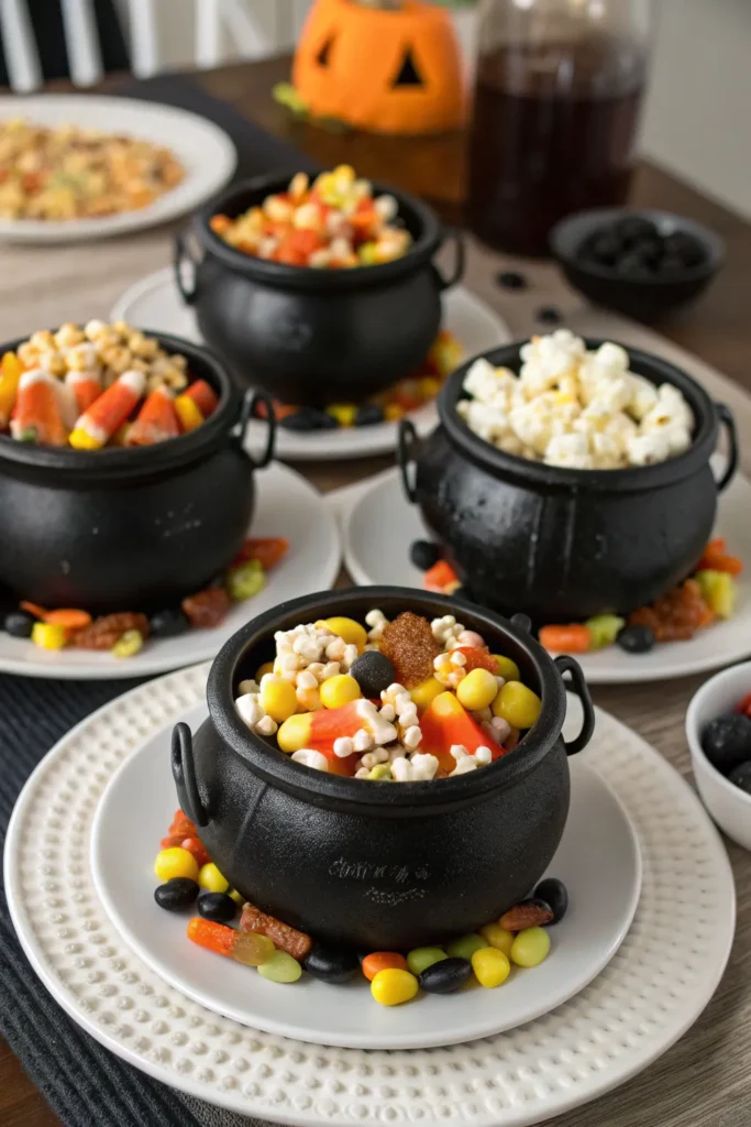 20 mini black cauldrons placed on plates filled