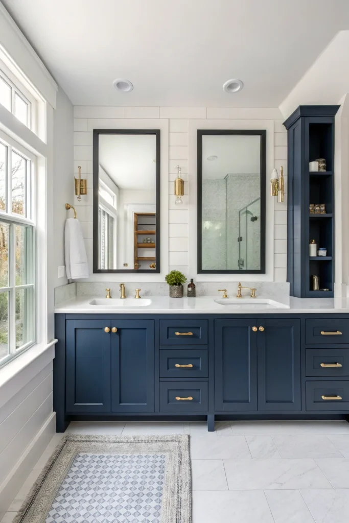 20 modern bathroom with white walls navy cabine