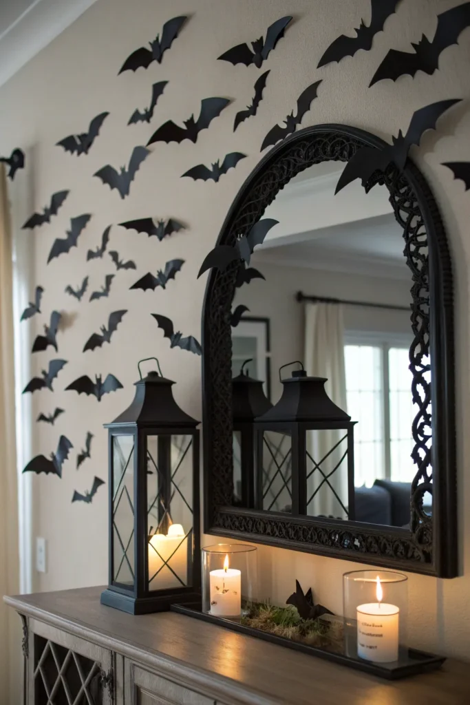 20 paper bats flying in a swirl around a monochr