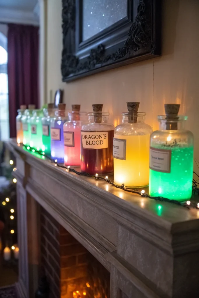 20 potion glow jars on mantel filled with glowi