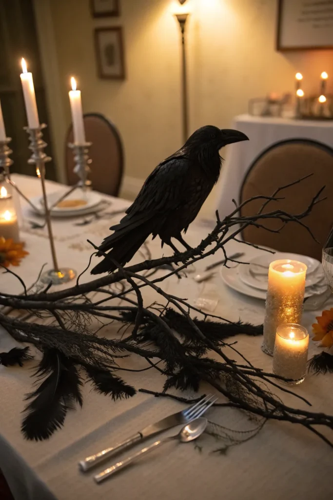 21 a fake raven perched on branches at the cente