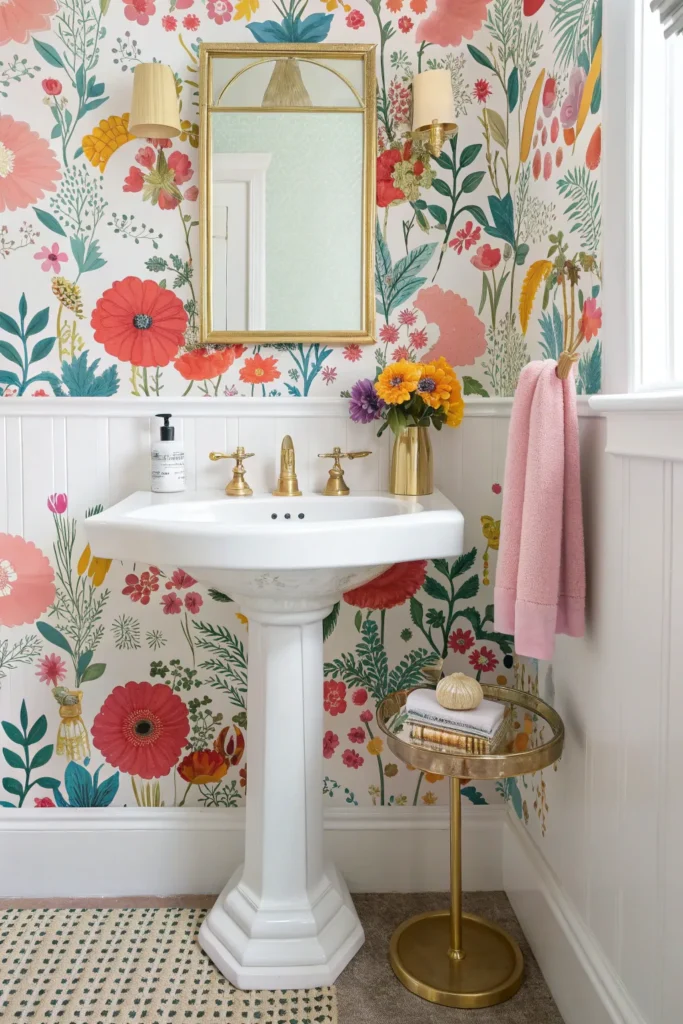 22 a pedestal sink paired with bold floral wallp