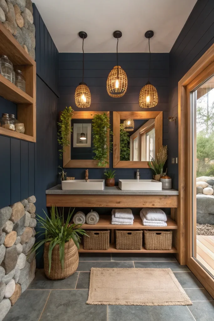 22 bathroom with navy walls wooden open shelvin