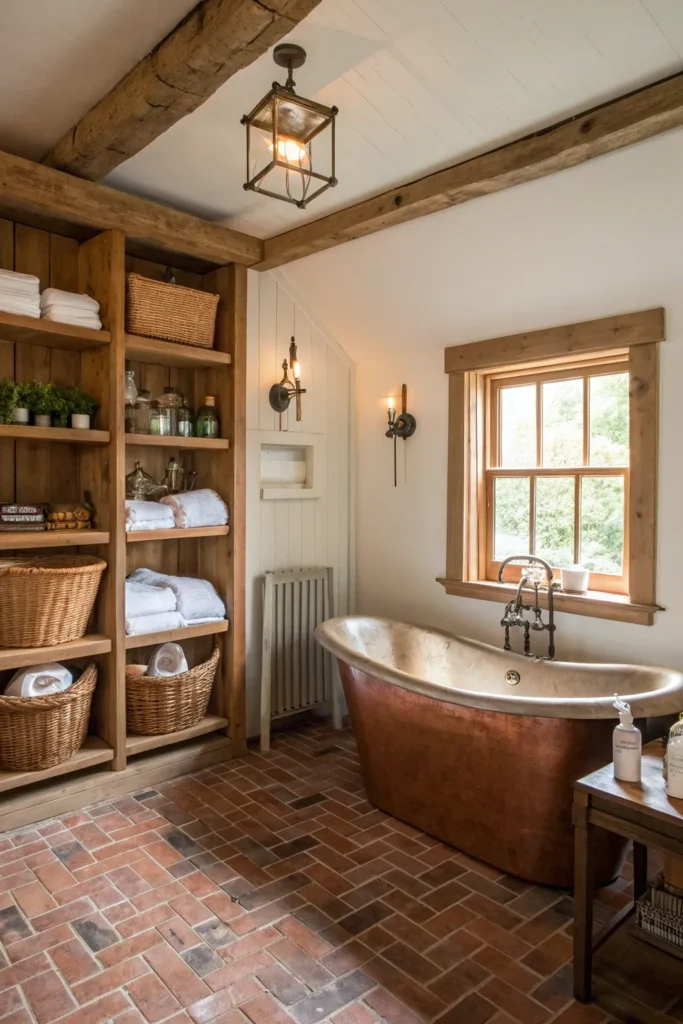 22 cozy farmhouse bathroom with brick flooring