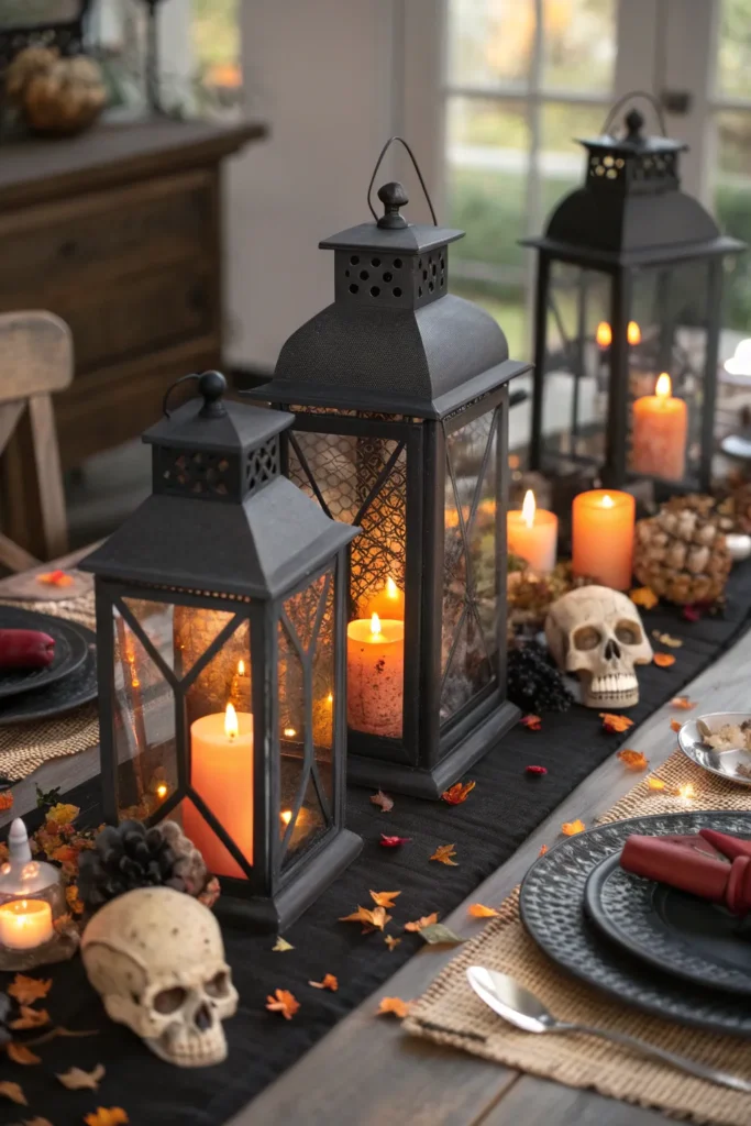 22 rustic black lanterns with flickering orange