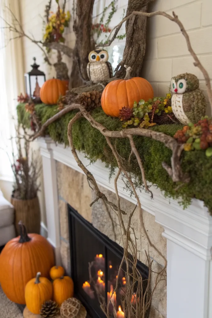 22 woodland inspired mantel with moss twisted