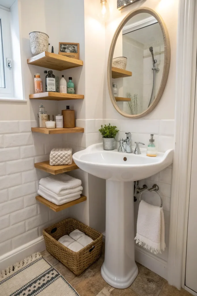 23 a corner pedestal sink in a compact bathroom