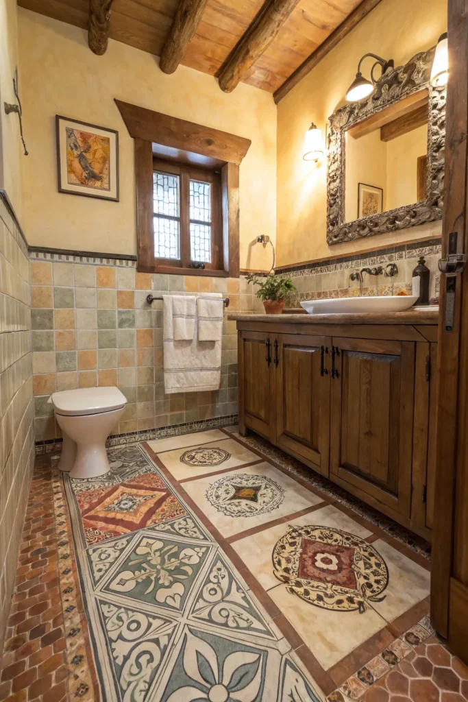23 bathroom with hand painted tiles on the floor