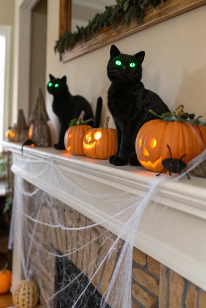 23 black cat accents halloween mantle decorated