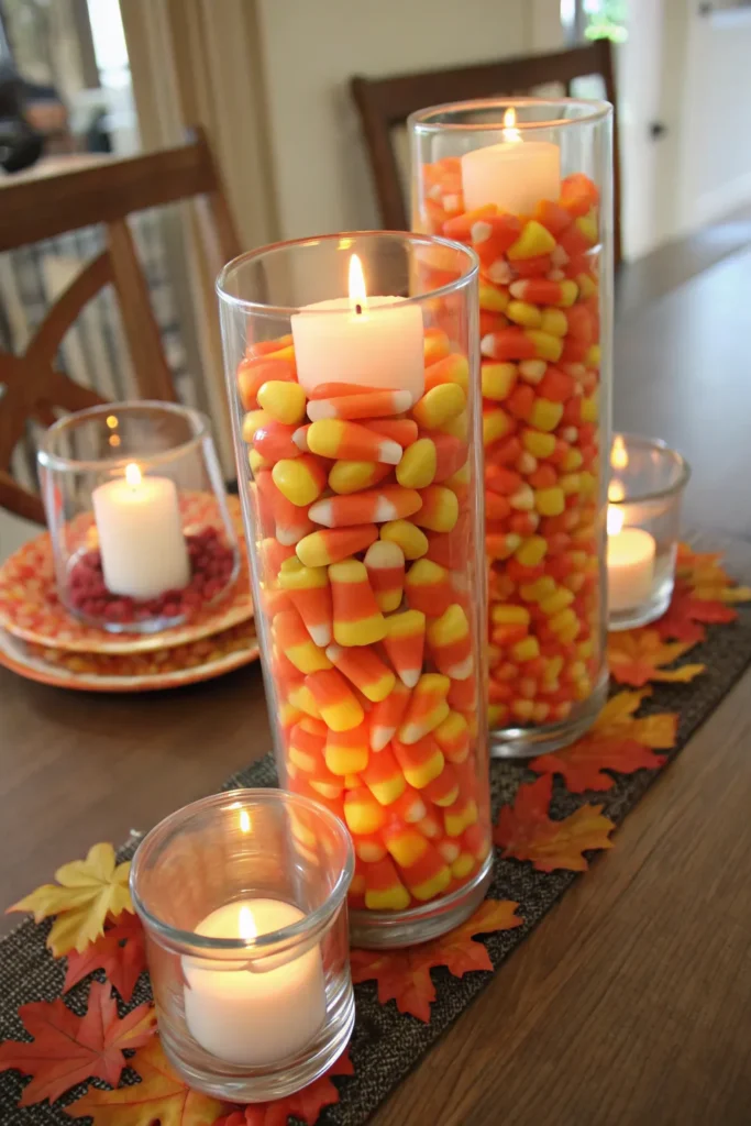 23 candy corn in glass vases realistic tall glas