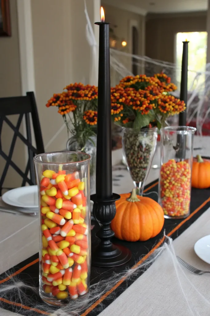 23 clear vases filled with candy corn holding b