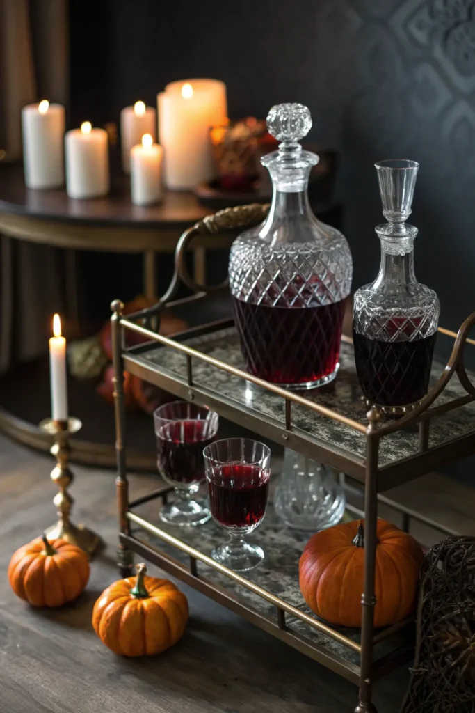 23 crystal decanters with dark drinks a moody bar