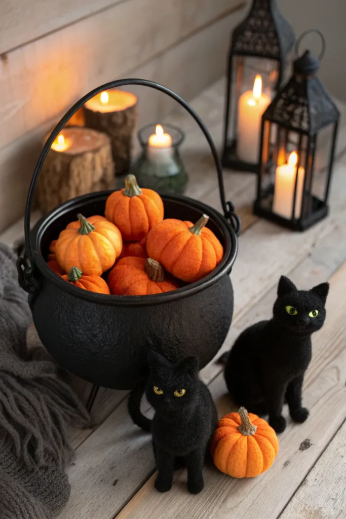 23 metal cauldron overflowing with velvet pumpki