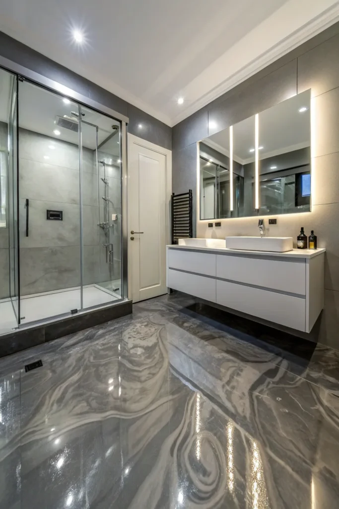 23 sleek bathroom with epoxy flooring in metalli