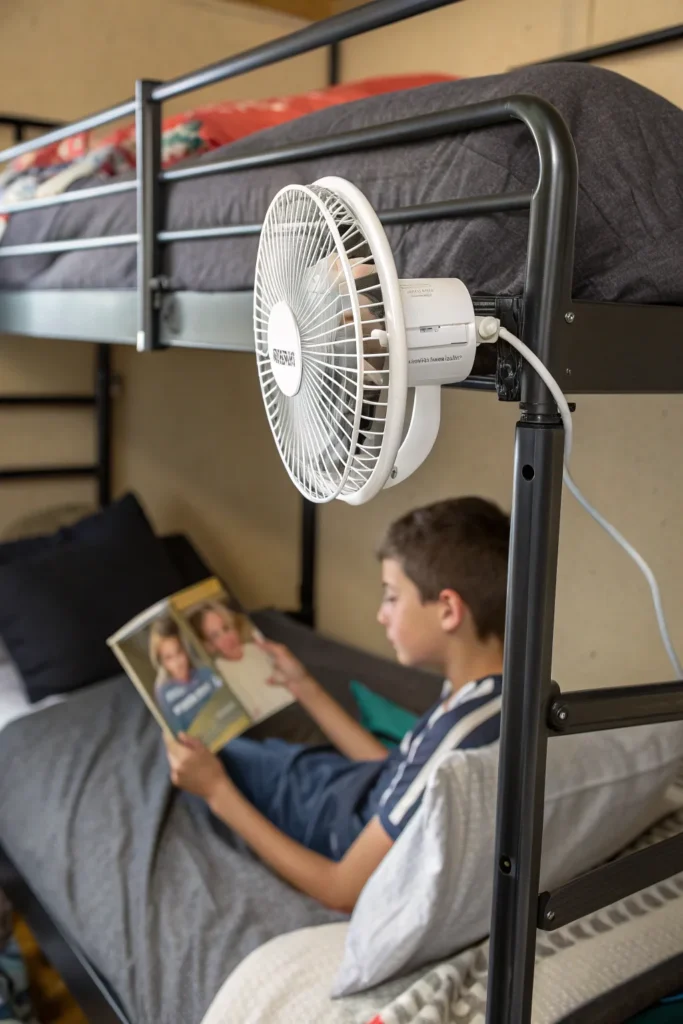 24 clip on fan attached to a bunk bed frame blo