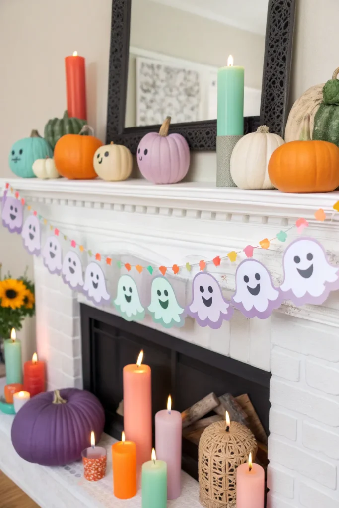 24 halloween mantel decorated with smiling ghos