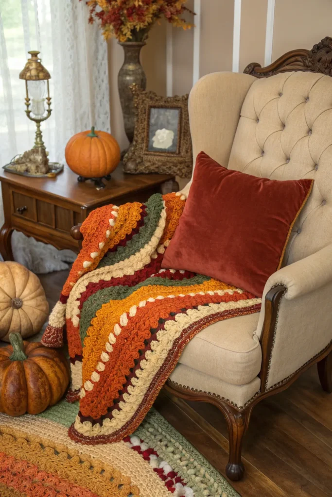 24 victorian style armchair draped with a pumpki