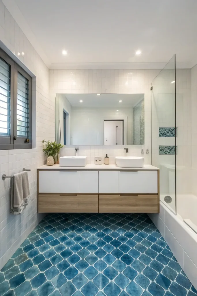 25 chic bathroom with gradient ombre floor tiles
