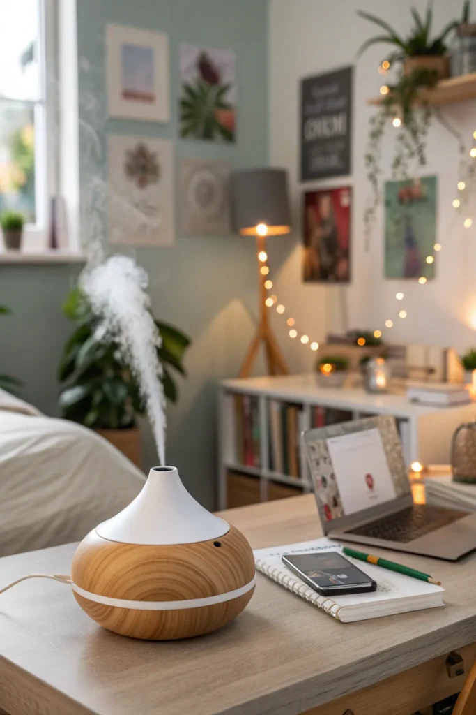 25 essential oil diffuser on a dorm desk with so