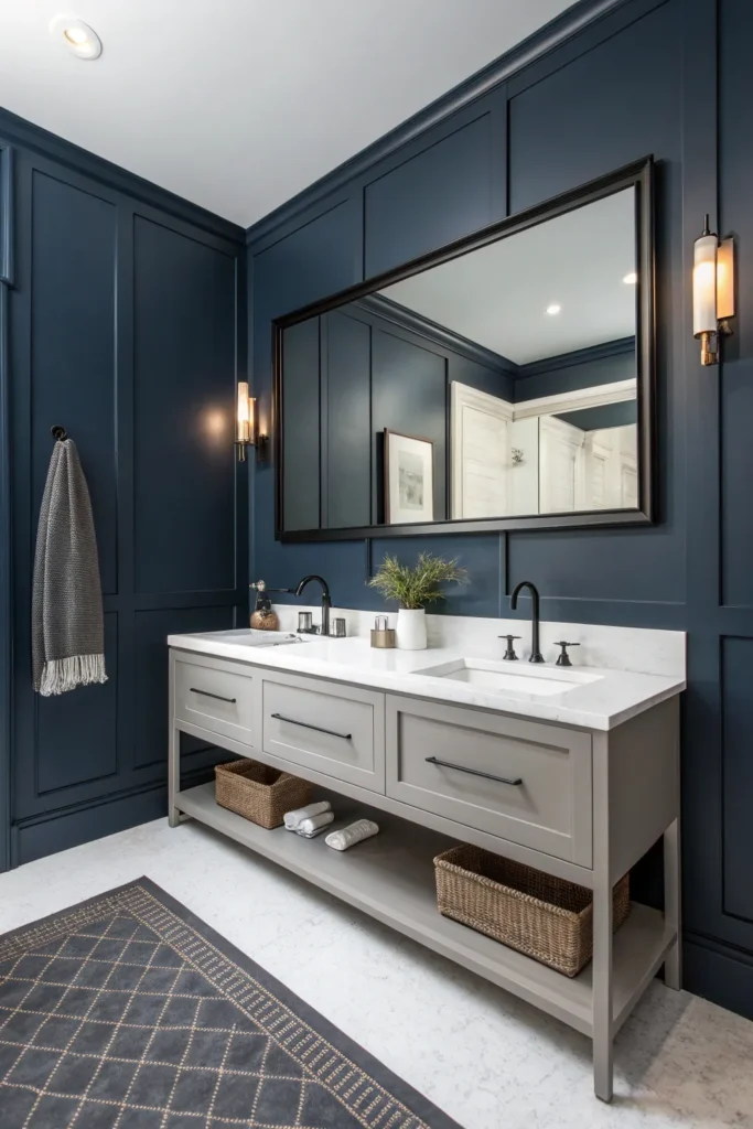 25 modern bathroom with matte navy painted walls