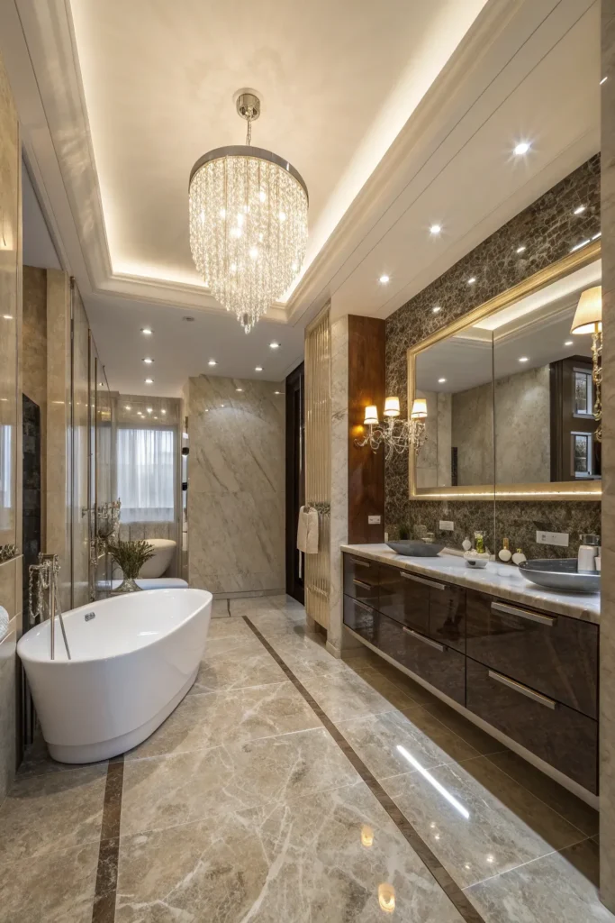26 elegant bathroom with polished marble tiles