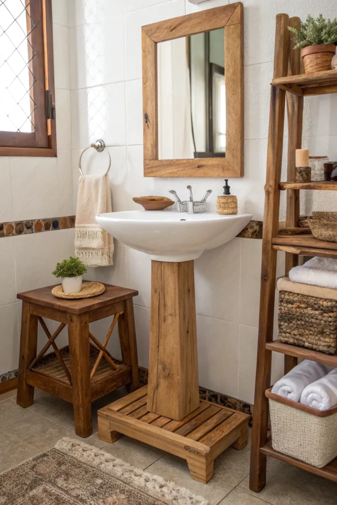 27 a pedestal sink styled with wood accents wood