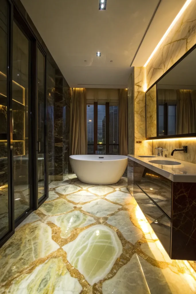 27 exotic bathroom with onyx floor tiles glowin