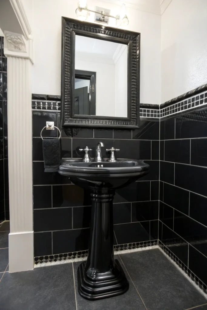 28 a monochrome bathroom featuring a pedestal si
