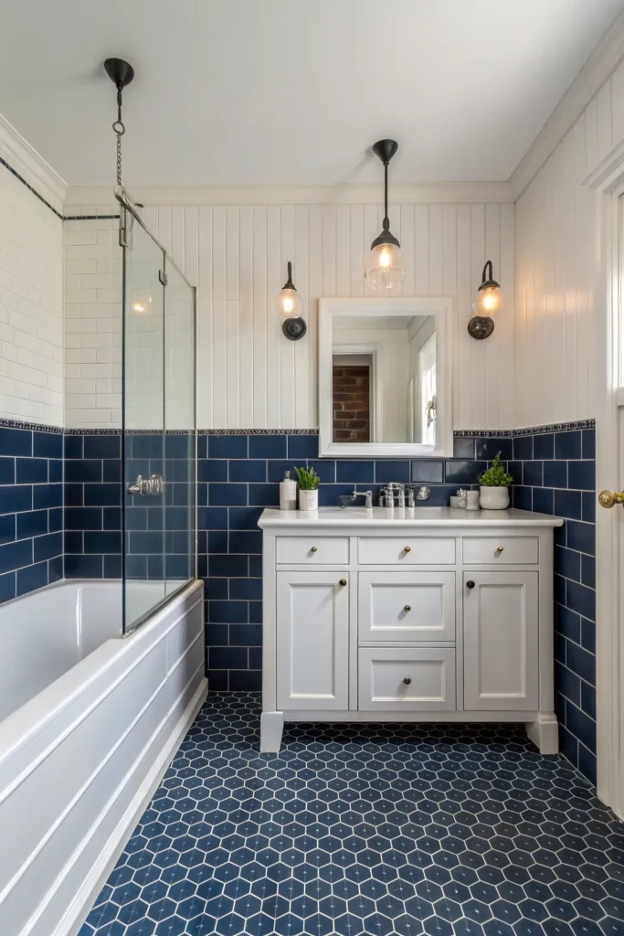 28 bathroom with navy tiles covering the lower h