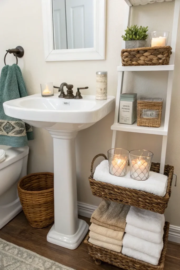 29 a pedestal sink styled with floating shelves