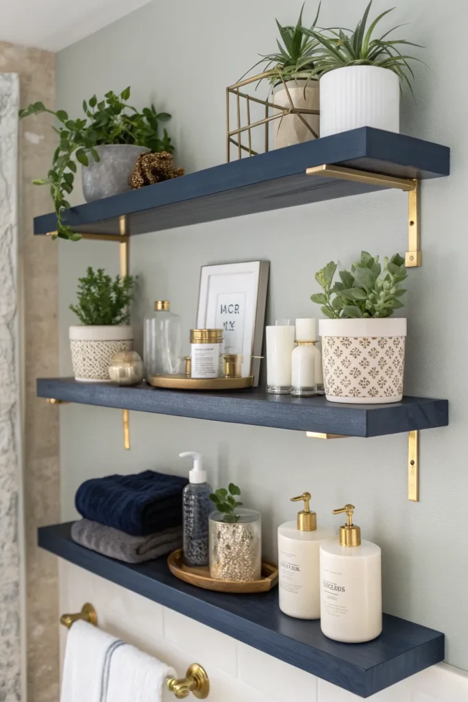 29 floating navy blue shelves with gold brackets
