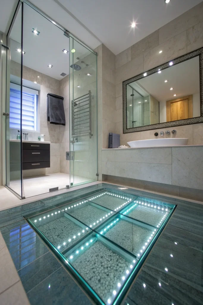 29 sleek bathroom with glass floor tiles reflec