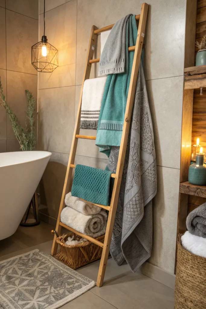 3 a chic ladder shelf leaning against the bathro 1