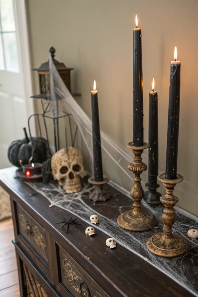 3 a dark entry table setup with tall uneven blac