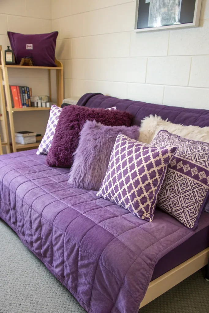 3 a futon with multiple purple throw pillows in