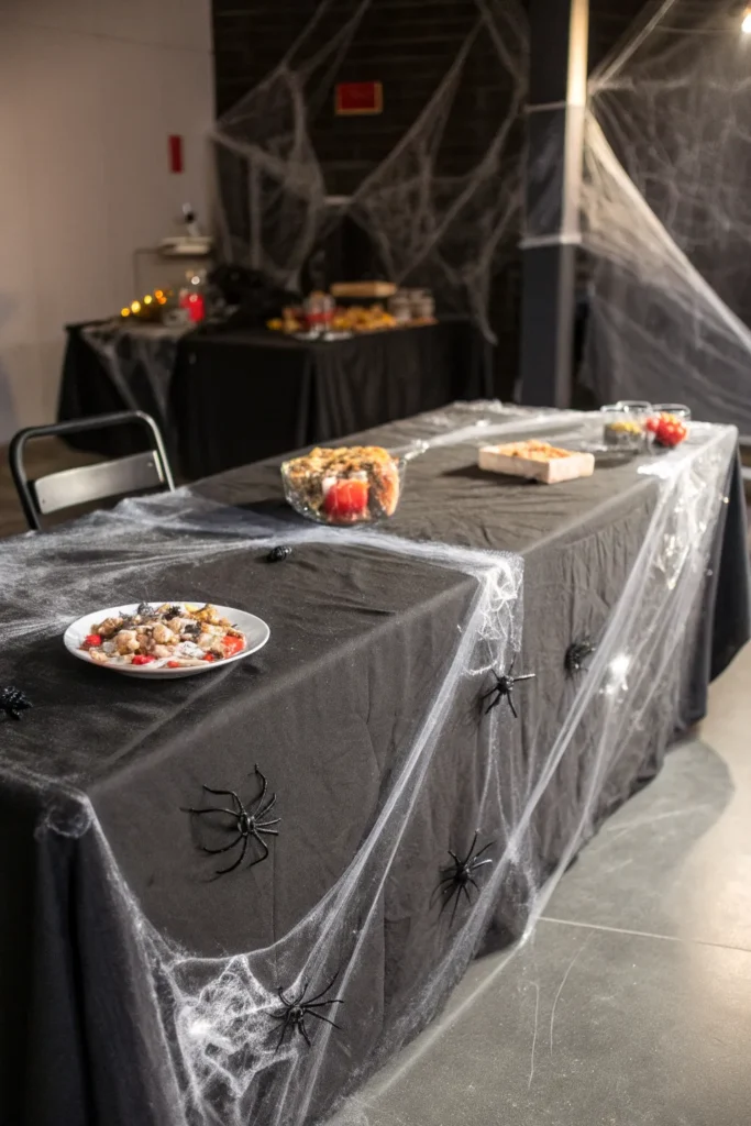 3 a halloween table covered in a plain black clo