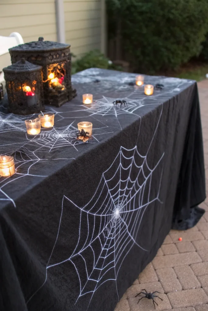 3 a halloween table covered with a black cloth t