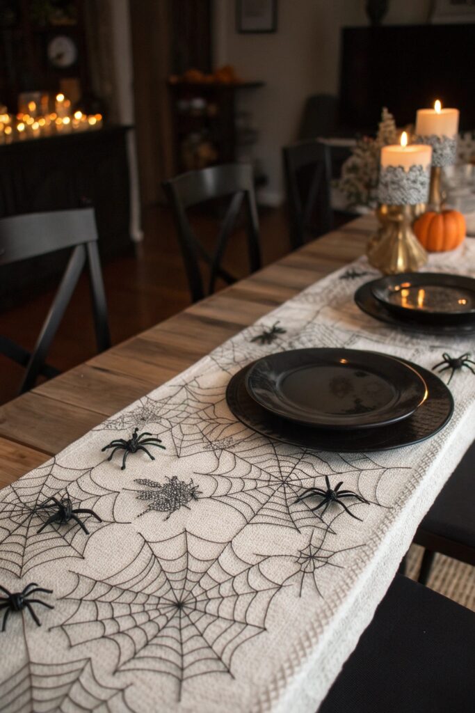 3 a lace spider web table runner stretched acros