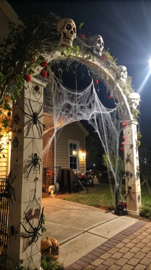 3 a spooky archway decorated with skulls bats