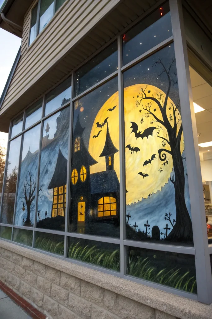 3 a spooky haunted house scene painted on a larg