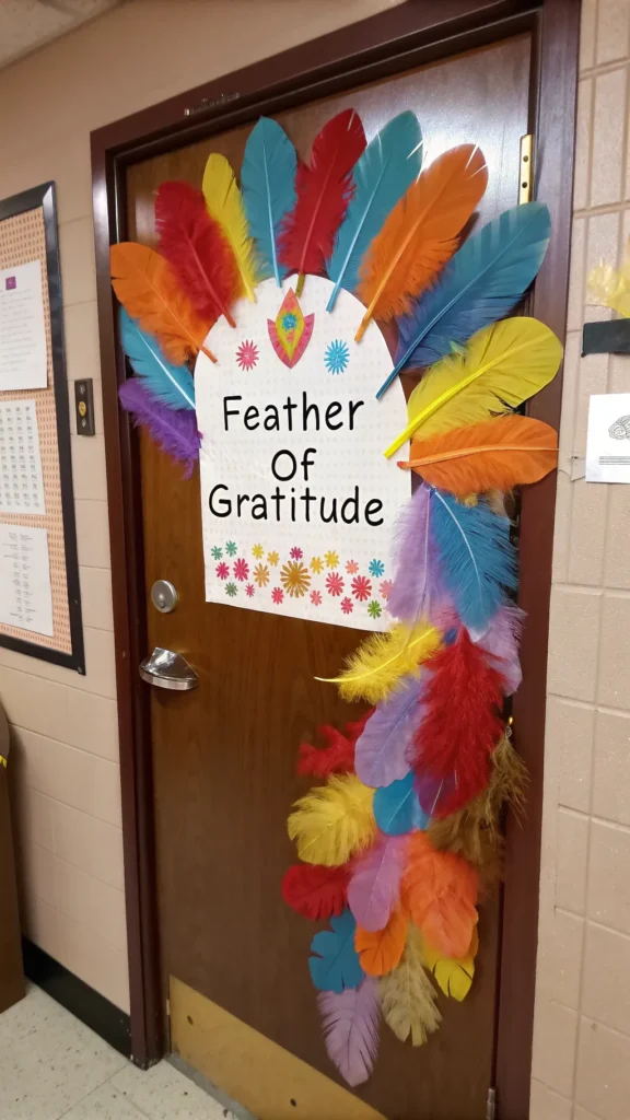 3 classroom door covered with a feather of grati