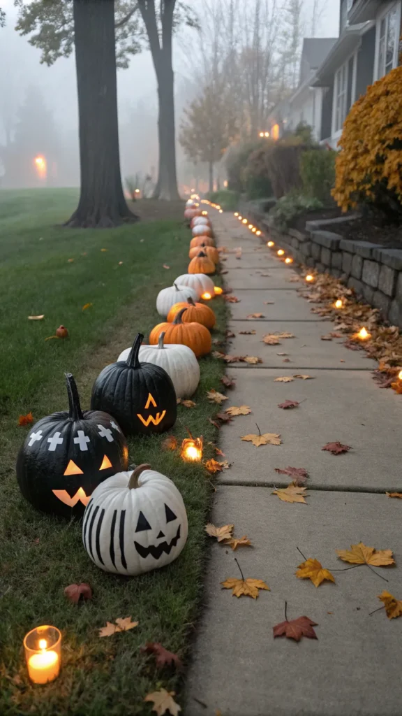 3 creepy pumpkins front yard pathway lined with