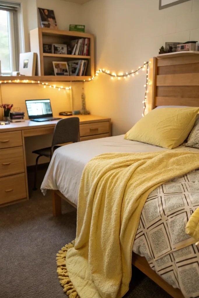 3 dorm bed styled with a soft yellow blanket dra