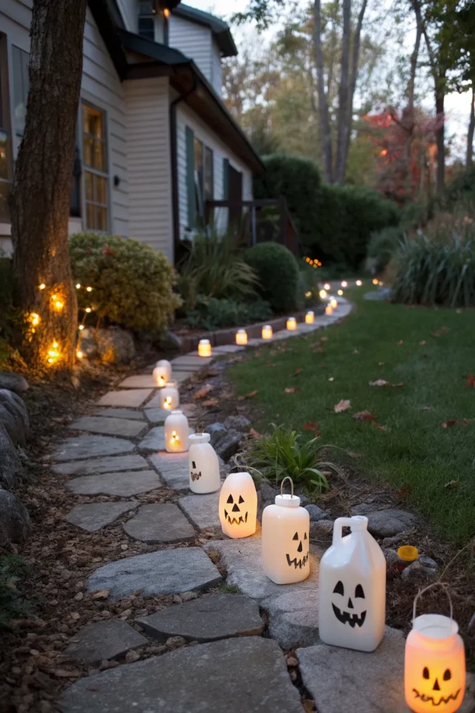 3 glowing milk jug ghosts prompt wide shot of a