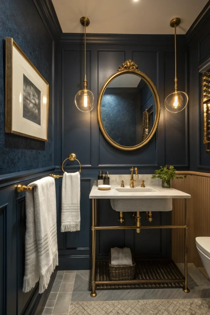 3 luxury bathroom with dark blue painted walls 1 1