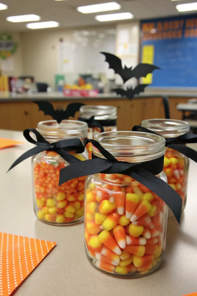 3 mason jars filled with layered candy corn as c