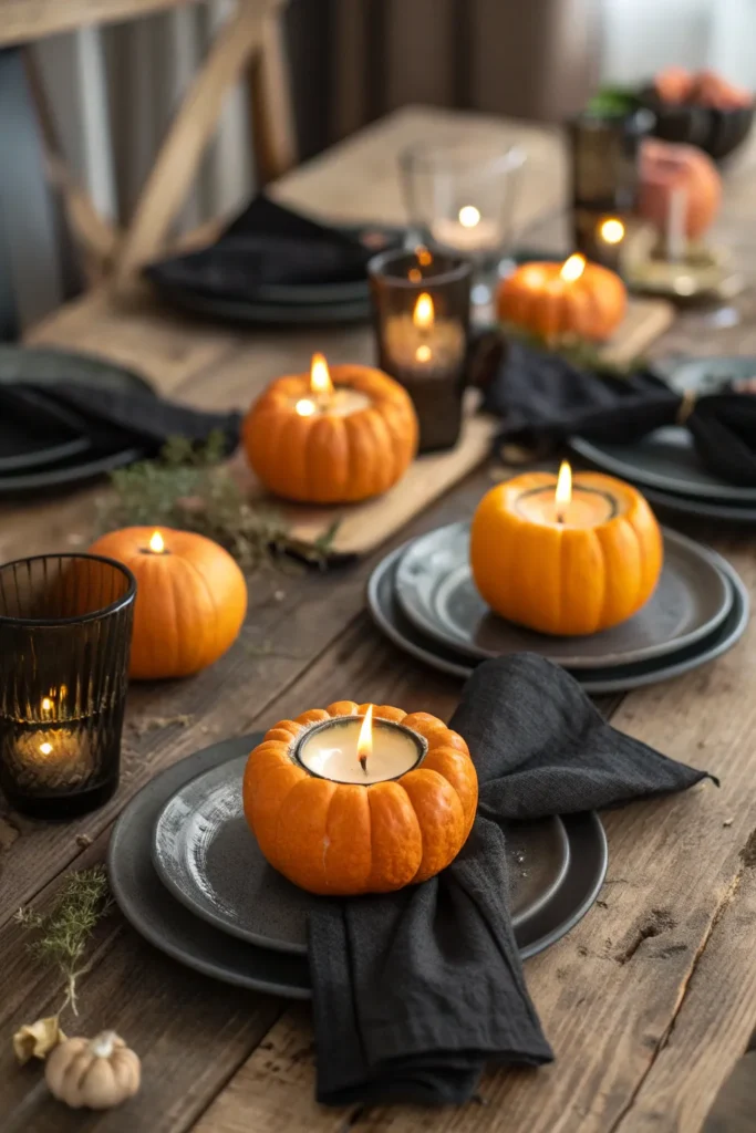 3 mini pumpkins carved into candle holders with